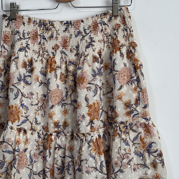 JOIE Skirt M Smocked Elastic Waist Tiered Floral Dot Lined Summer Spring Party‎ - Picture 6 of 10